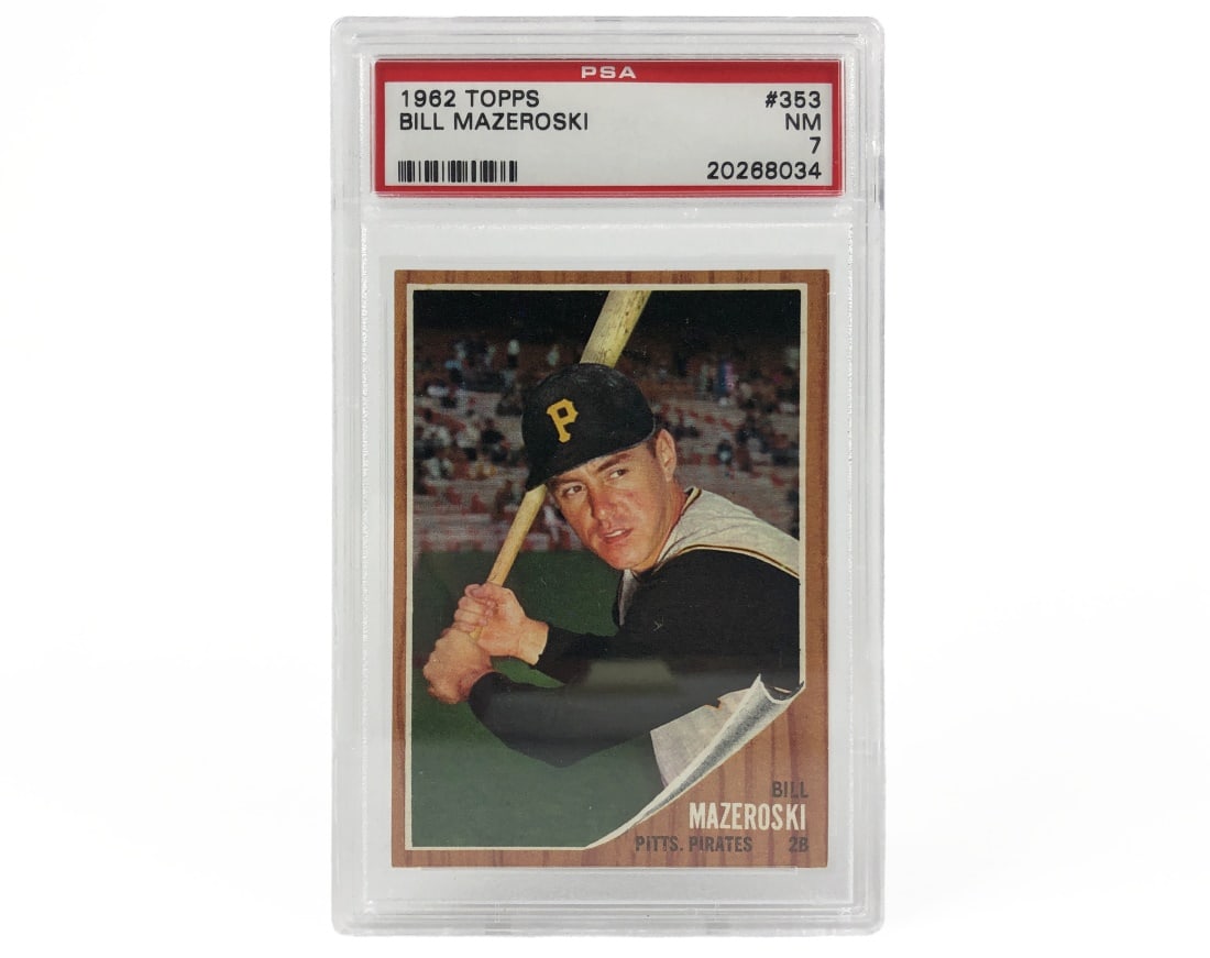 1962 Topps Bill Mazeroski Baseball Card - PSA 7: A 1962 Bill Mazeroski MLB baseball card by Topps that has been slabbed and graded a 7 by PSA.