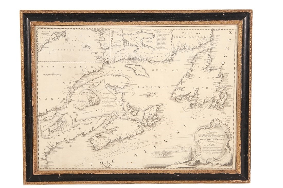 Jacques-Nicolas Bellin, "A New Chart...": Jacques-Nicolas Bellin (French, 1703-1772). "A New Chart of the Coast of New England, Nova Scotia, New France or Canada". Engraving. Frame: 16 1/4" x 21". Sight: 13 1/4" x 18 1/2". 18th century map