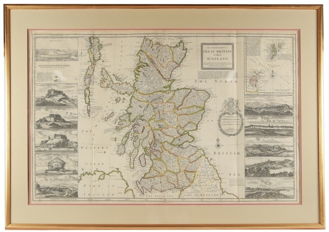 Herman Moll, "The North Part of ... " Map: Herman Moll (Dutch, 1654-1732). "The North Part of Great Britain Called Scotland". Hand-colored engraving. Frame: 32' x 48 1/2". Sight: 24 1/4" x 39 3/4". Framed map titled "The North Part of Great