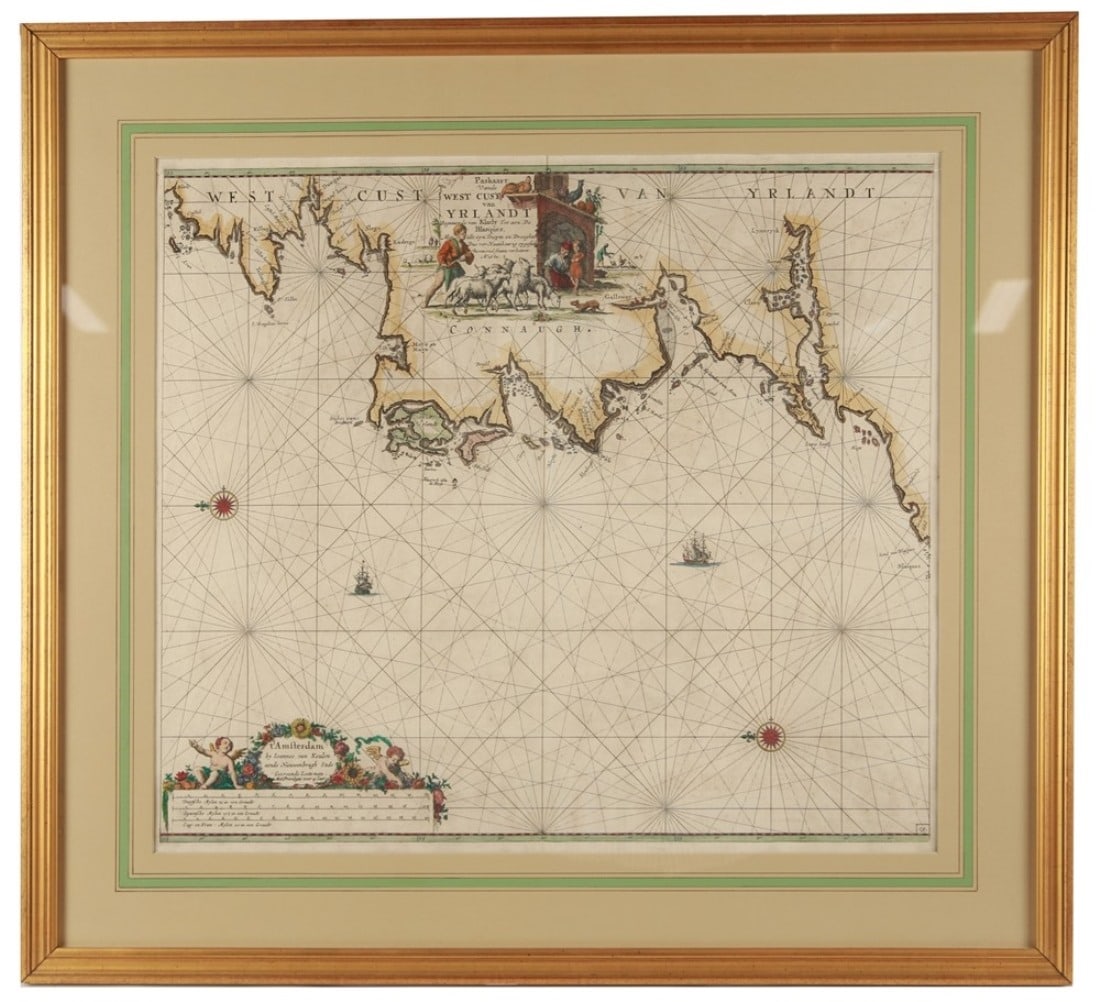 Johannes van Keulen, "West Cust van Yrlandt" Map: Johannes van Keulen (Dutch, 1654-1715). "West Cust van Yrlandt [The West Coast of Ireland]". Hand-colored engraving. Frame: 28" x 31". Sight: 20" x 23". Map depicting the west coast of Ireland from
