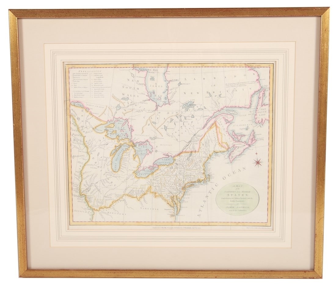 Sadlers, "A Map of the Northern and Middle States": Published by J. Stockdale. "A Map of the Northern and Middle States". Hand-colored engraving. Engraved by G. Allen Sadlers. Frame: 20 1/2" x 23 1/2". Sight: 13" x 15 3/4". 18th century map titled