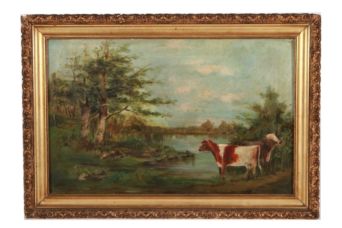 Framed Oil Painting, Cows at Water's Edge: Oil on canvas. Frame: 18" x 25". Sight: 14 1/4" x 21 1/2". Framed oil painting of cows resting by water.