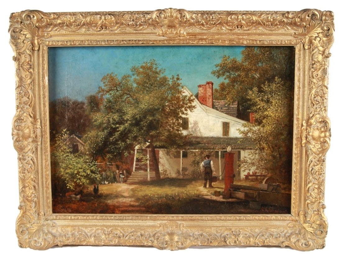 Frank Henry Shapleigh, Oil on Canvas Farm Scene: Frank Henry Shapleigh (American, 1842-1906). Oil on canvas. Frame: 20 3/4" x 27 1/4". Sight: 15" x 21 1/2". Oil on canvas painting depicting a man standing in front of a farm house. Signed lower right