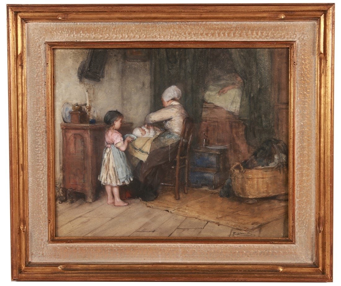 Bernard J. Blommers, Dutch Interior Watercolor: Bernard Johannes Blommers (Dutch, 1845-1914). Watercolor. Frame: 19 1/2" x 22 3/4". Sight: 13 3/4" x 16 1/2". Framed watercolor by Dutch artist Bernard Johannes Blommers. Depicts a mother and children