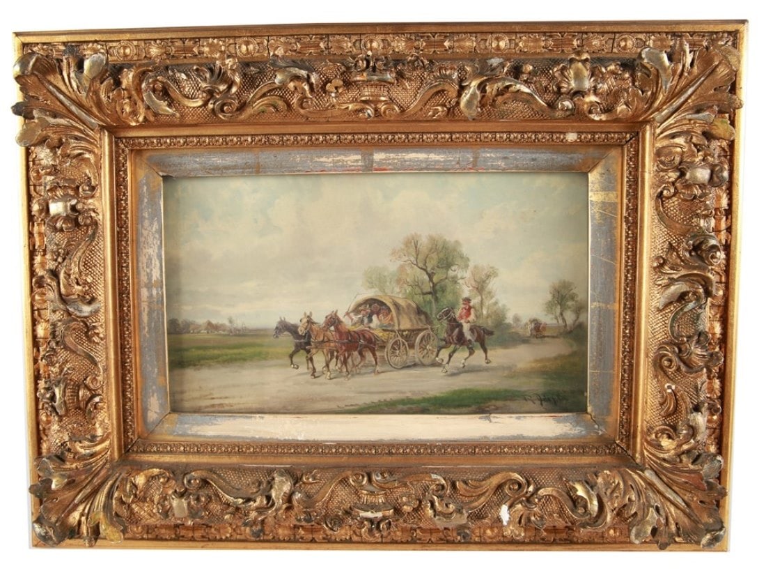 Oil on Canvas, Horse-Drawn Wagon: Oil on canvas. Frame: 15 1/4" x 20 1/4". Sight: 6 3/4" x 12". Oil painting depicting a horse drawn covered wagon accompanied by a rider on a brown horse. Signed at lower right. Framed under glass in a