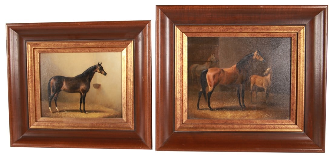 Oil on Board Pair of Horse Paintings: Oil on board. Painting 1: Frame: 13 5/8" x 15 7/8" Sight: 8" x 10" Painting 2: Frame: 12 3/8" x 14 1/2". Sight: 6 3/4" x 8 1/2". Pair of framed oil on board paintings depicting horses in their stalls.