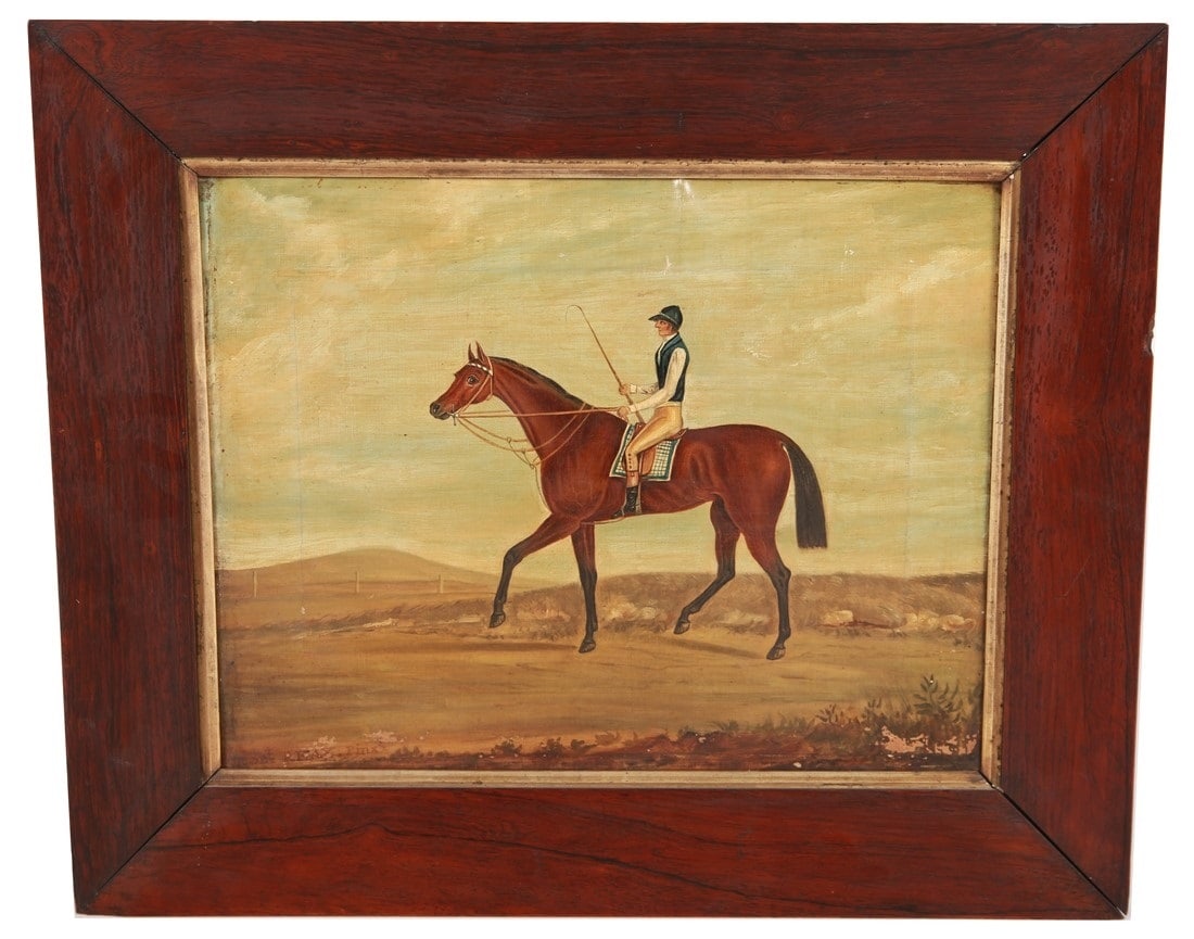 "Bees-Wing" Oil on Canvas Horse Painting: Oil on canvas. Frame: 17 1/2" x 21". Sight: 12 1/8" x 15 1/8". Framed oil on canvas depicting a rider seated on the 19th century racing horse Beeswing. Signed "Robt Reax Pinx" at lower left and back r