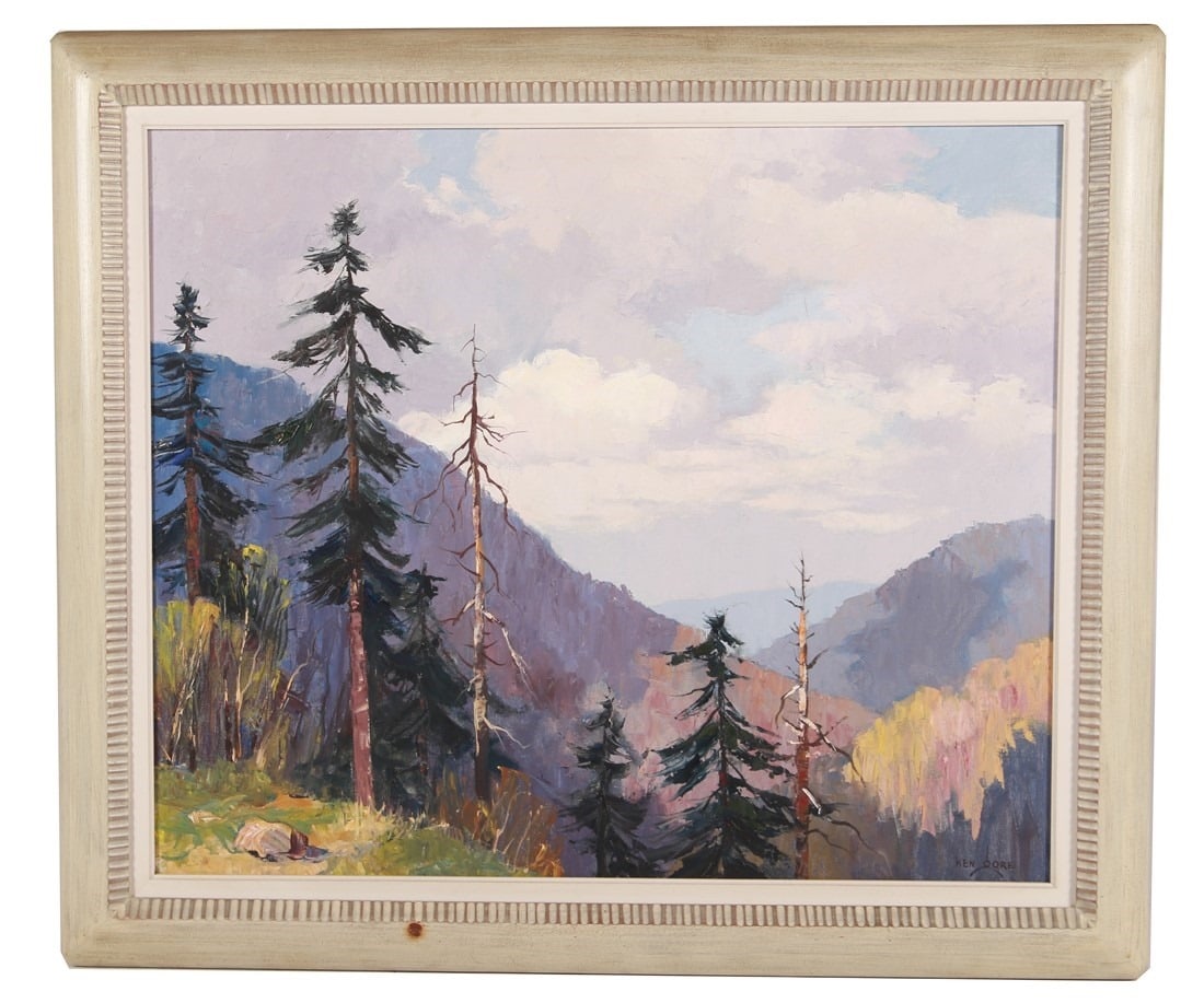 Ken Oore, "Newfound Gap - Great Smokies" Oil: Ken Oore. "Newfound Gap - Great Smokies". Oil on board-backed canvas. Frame: 37 1/2" x 42 1/2". Sight: 29 1/2" x 35". Framed oil on canvas by artist Ken Oore titled "Newfound Gap - Great Smokies". Fea