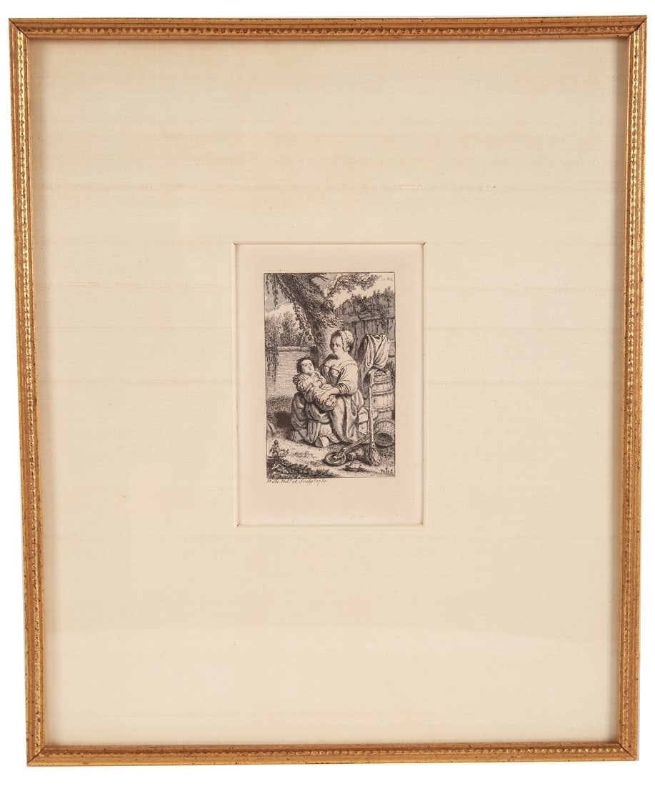 Johann Georg Wille, "The Nurse" Engraving: Johann Georg Wille (German, 1715-1808). "The Nurse". Engraving, 1750. Frame: 13 3/4" x 10 3/4". Sight: 5 3/4" x 3 1/4". Framed engraving by German artist Johann Georg Wille, depicting a nurse sitting 