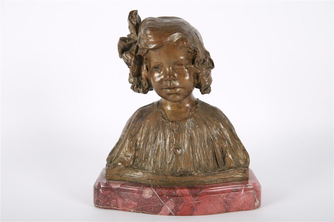 After Bessie Potter Vonnoh, Bronze Bust of a Girl: After Bessie Potter Vonnoh (American, 1872-1955). "Young Girl with Ribbon". Bronze, granite, 1905. Cast by the Roman Bronze Works. Height: 11 1/2", Length: 10", Depth: 5 1/4". Bust of a young girl wit