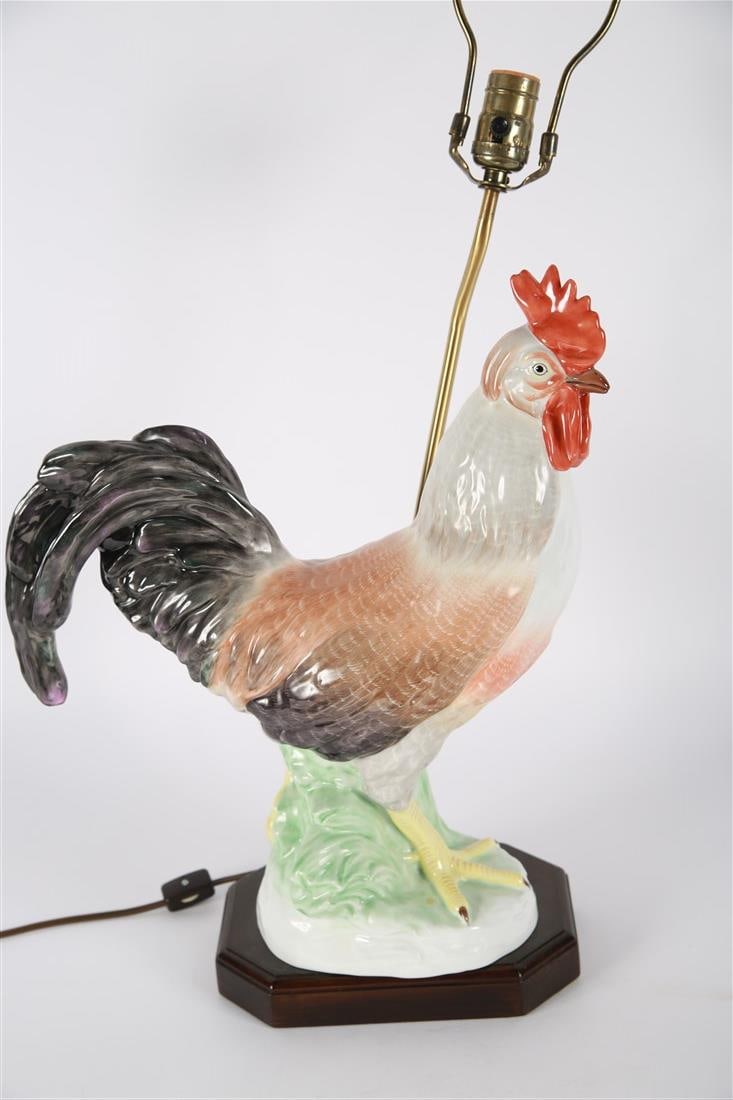 Herend Porcelain Rooster Custom Table Lamp: Porcelain, wood, metal. Height (including harp and finial): 31 3/4", Length: 15", Depth: 6 1/4". Herend porcelain rooster figurine custom fitted into a table lamp. Functional.