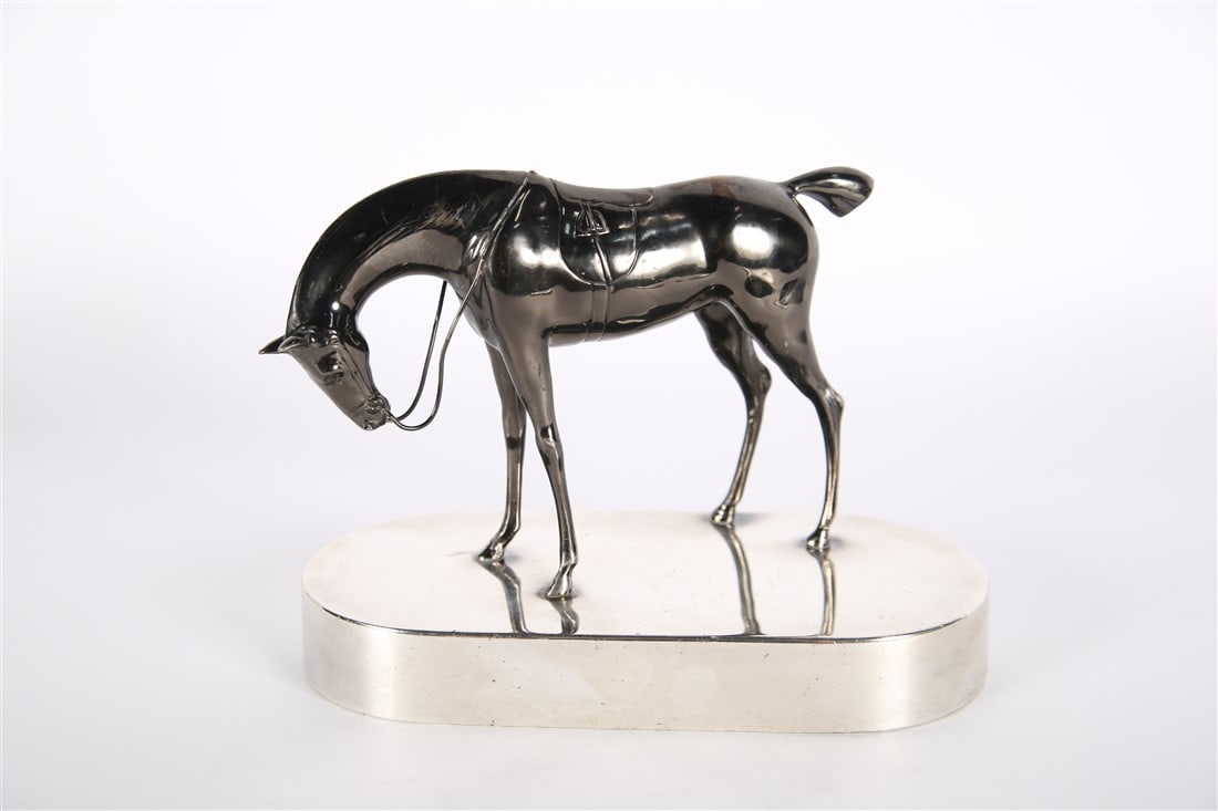 Weidlich Bros, Silver Plated Horse Figure: Weidlich Bros. (American, established 1901). Silver plate. Model: 2280. Height: 6 1/2", Length: 9", Depth: 4 3/8". Silver plated horse figure standing on a silver plated base. Marked "Weidlich Bros., 