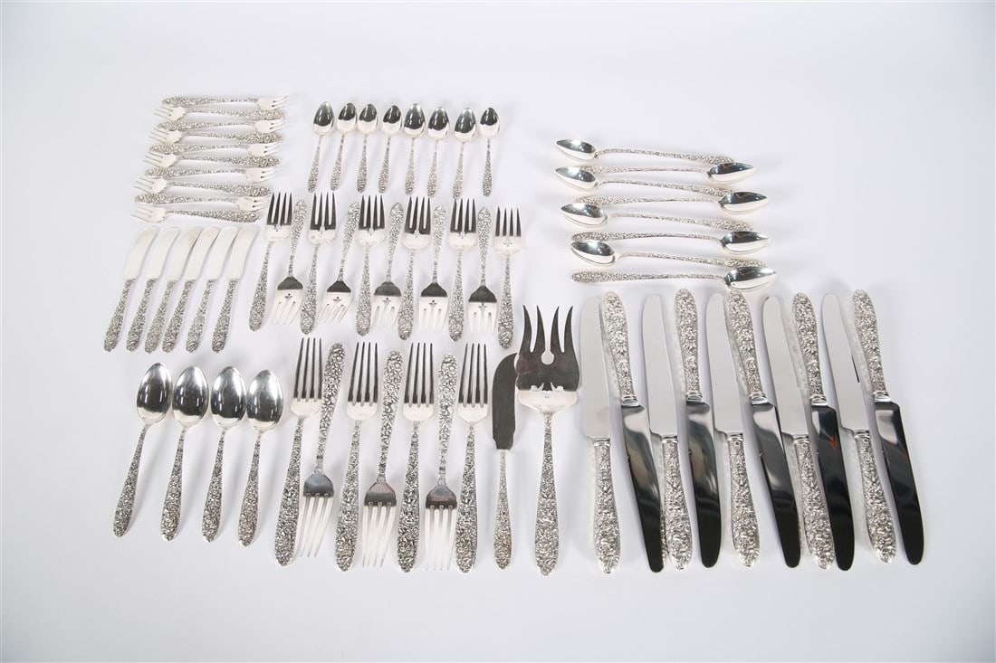 Manchester, "Southern Rose" Sterling Set: Manchester (American, 20th century). "Southern Rose" pattern, 1933. Sterling silver. Pieces: 67 Total Weighable: 54.41 ozt. Sixty-seven (67) piece set of Manchester sterling silver flatware in the "So