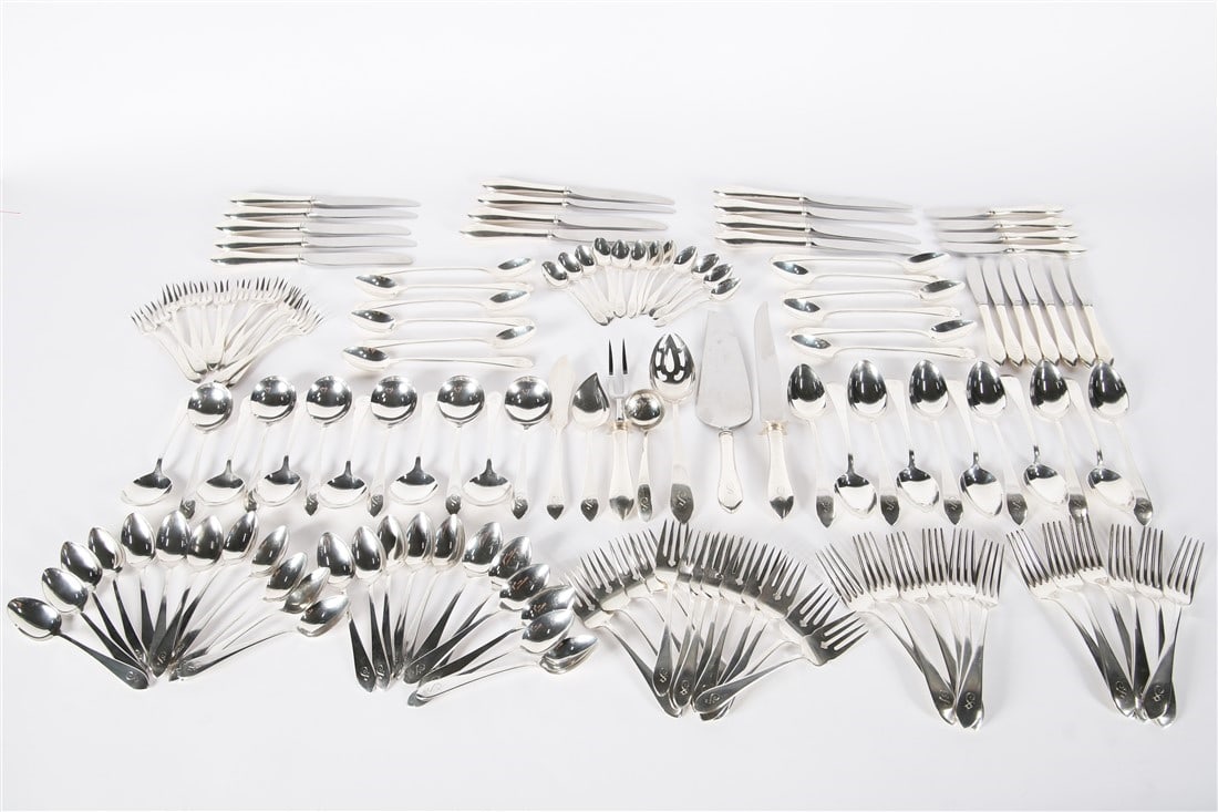 Dominick and Haff, "Pointed Antique" Sterling Set: Dominick and Haff (American, established 1872). "Pointed Antique" pattern. Sterling silver, stainless steel. Pieces: 139. Total weighable: 122.775 ozt. "Pointed Antique" pattern sterling silver flatwa