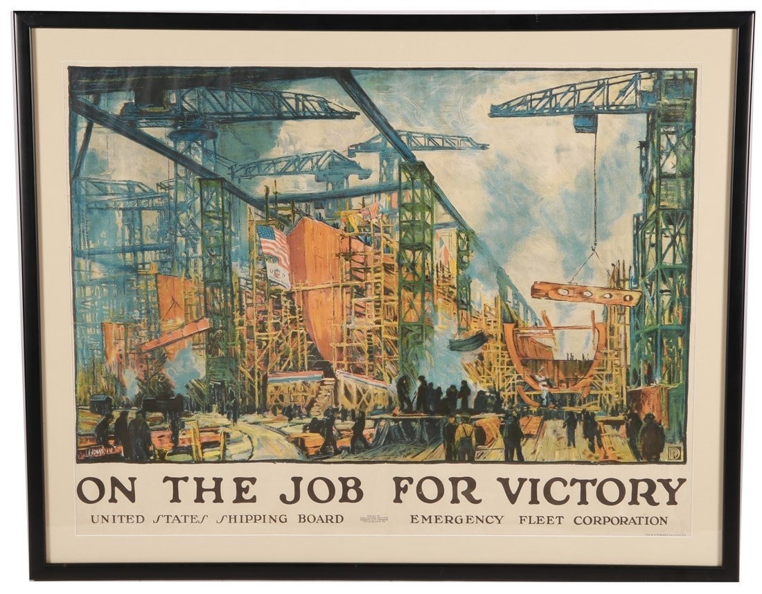 "On the Job for Victory" WWI Poster: Jonas Lie (Norwegian/American, 1880-1940). "On the Job for Victory, United States Shipping Board". Color lithograph, 1918. W.F. Powers Co. Litho, NY. Frame: 35" x 43 1/2". Sight: 29 1/4" x 37 1/2". Fr