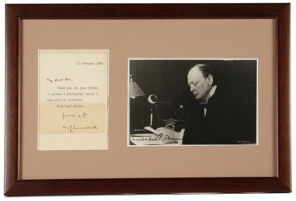 Winston Churchill, Framed Signed Letter and Photo: Winston Churchill (British, 1874-1965). Letter, photograph. Frame: 11 5/8" x 17 5/8". Sight: 13 1/4" x 6". Framed letter and photograph of Winston Churchill. Letter is dated February 10, 1939. There i