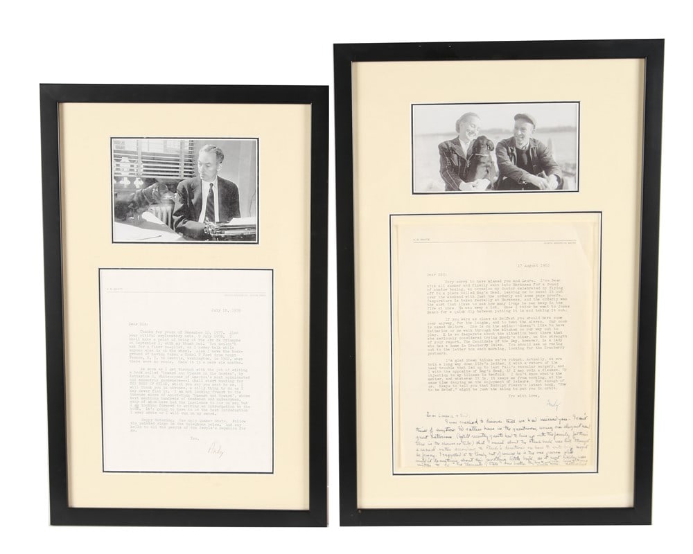 E.B. White, Two Signed and Framed Letters: Elwyn Brooks White (American, 1899 -1985). Letter, photograph. Letter One: Frame: 19 5/8" x 12 1/2" Sight: 14 3/4" x 7 5/8". Letter Two: Frame: 21 1/2" x 14". Sight: 17 3/4" x 9". Two framed letters o