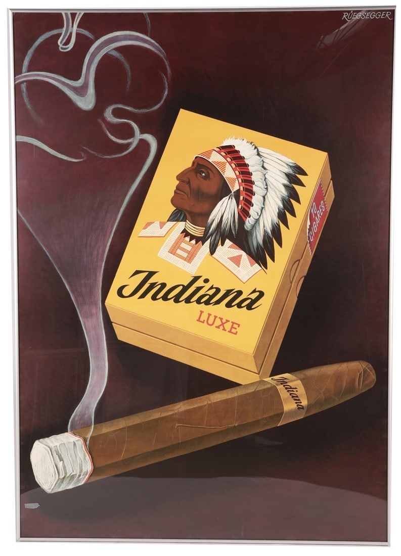E. Ruegsegger, "Indiana Luxe": E. Ruegsegger (Swiss). "Indiana Luxe". Offset lithograph, 1959. Frame: 50 1/2" x 36". Sight: 49 3/4" x 35". Offset lithograph depicting Indiana Luxe cigars. "E. Ruegsegger" within the print upper righ
