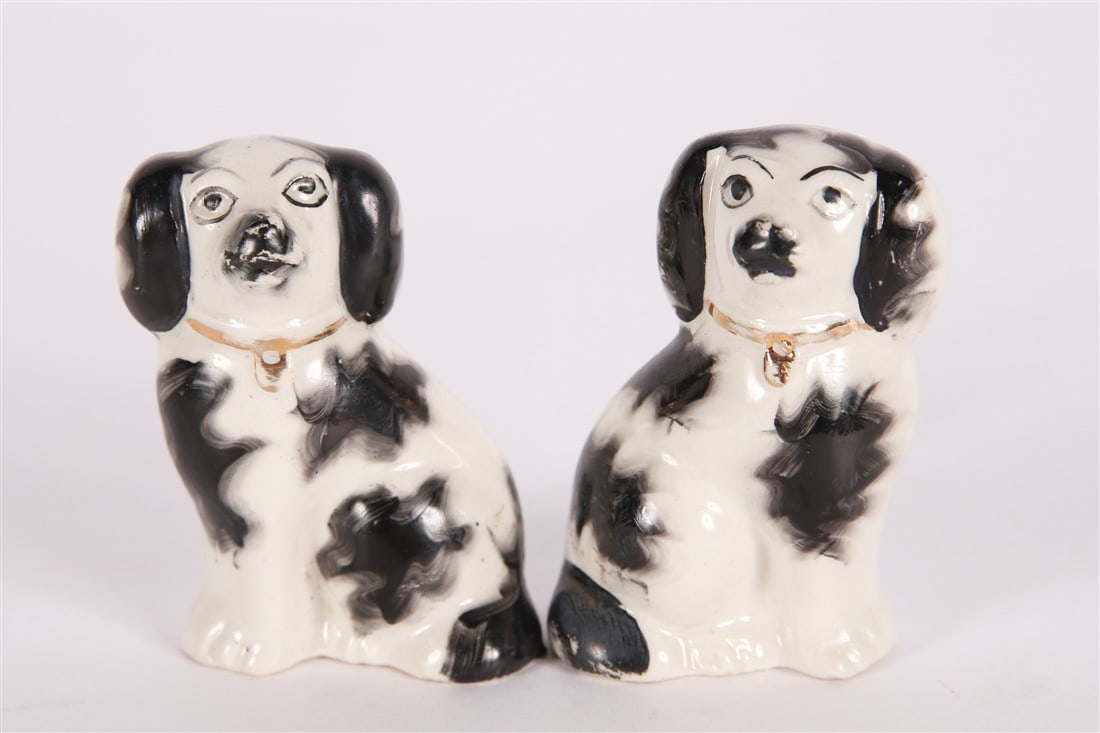 Staffordshire, Pair of Black and White Spaniels: Staffordshire (English, established 18th century). Earthenware. Height: 2 3/4", Length: 1 3/4", Depth: 1 1/4". Matching pair of miniature Staffordshire black and white spaniels.