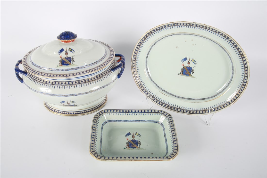 Chinese Export Armorial Serving Dish Set: Porcelain. Tureen: Height: 9", Length: 12 1/2", Depth: 10". Dish: Height: 2", Length: 9 1/8", Depth: 7 1/8". Platter: Height: 2", Length: 13 1/2", Depth: 11". Three-piece blue and white Chinese export