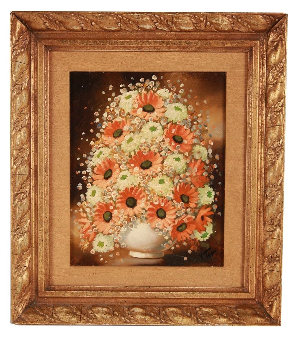 Vic Tor (American), "Flowers" Oil on Board: Vic Tor (American, b. 1937). "Flowers". Oil on board. Frame: 15" x 13". Sight: 9 1/4" x 7 1/2". Framed oil on board titled "Flowers" by American artist Vic Tor. Depicts a still life with central flora