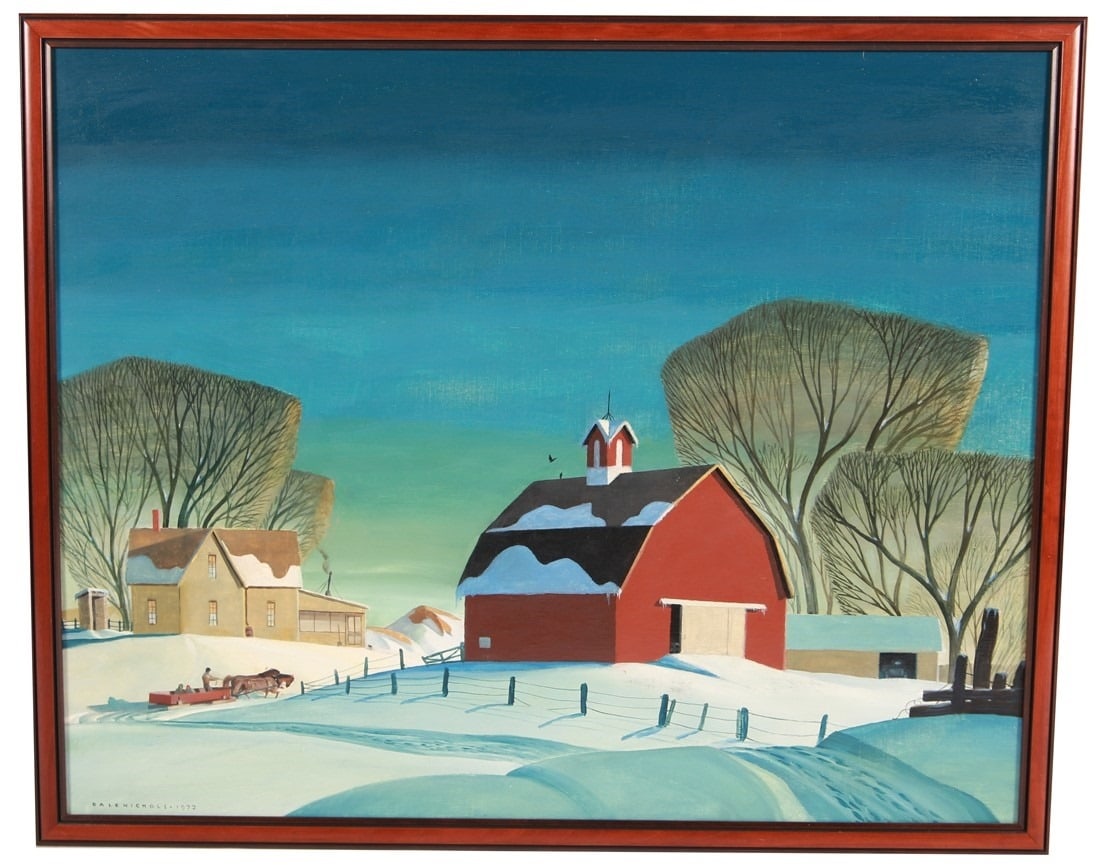 Dale Nichols, "Red Barn in Winter" Oil on Canvas: Dale Nichols (American, 1904-1995). "Red Barn in Winter". Oil on canvas, 1972. Frame: 25 3/8" x 31 1/2". Sight: 23 5/8" x 29 1/4". Framed oil on canvas by American artist Dale Nichols. Depicts a farm
