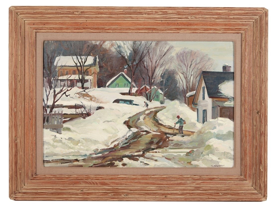 S.G. Maniatty, "Snowed In" Oil on Canvas: Stephen George Maniatty (American, 1910-1984). "Snowed In". Oil on canvas. Frame: 29 1/4" x 39". Sight: 19 1/2" x 29". Framed oil on canvas by American artist Stephen George Maniatty titled "Snowed