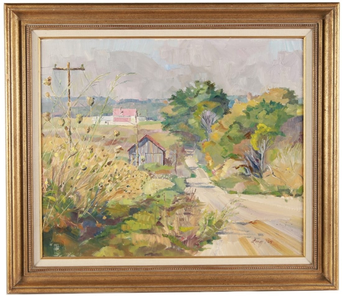 Rose Long, 1964 Oil on Canvas Landscape: Rose Long (American, 1926-2009). Oil on canvas, 1964. Frame: 26" x 29 3/4". Sight: 19 1/2" x 23 1/2". Oil on canvas depicting a landscape with a road and power lines. Signed and dated lower right.
