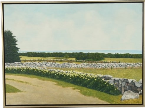 Kib Bramhall (American, b. 1933), "Chilmark Walls": Kib Bramhall (American, b. 1933). "Chilmark Walls". Oil on canvas, 1976. Frame: 23 1/4" x 31 1/4". Sight: 22" x 30". Landscape painting depicting the Chilmark Walls in Martha's Vineyard,