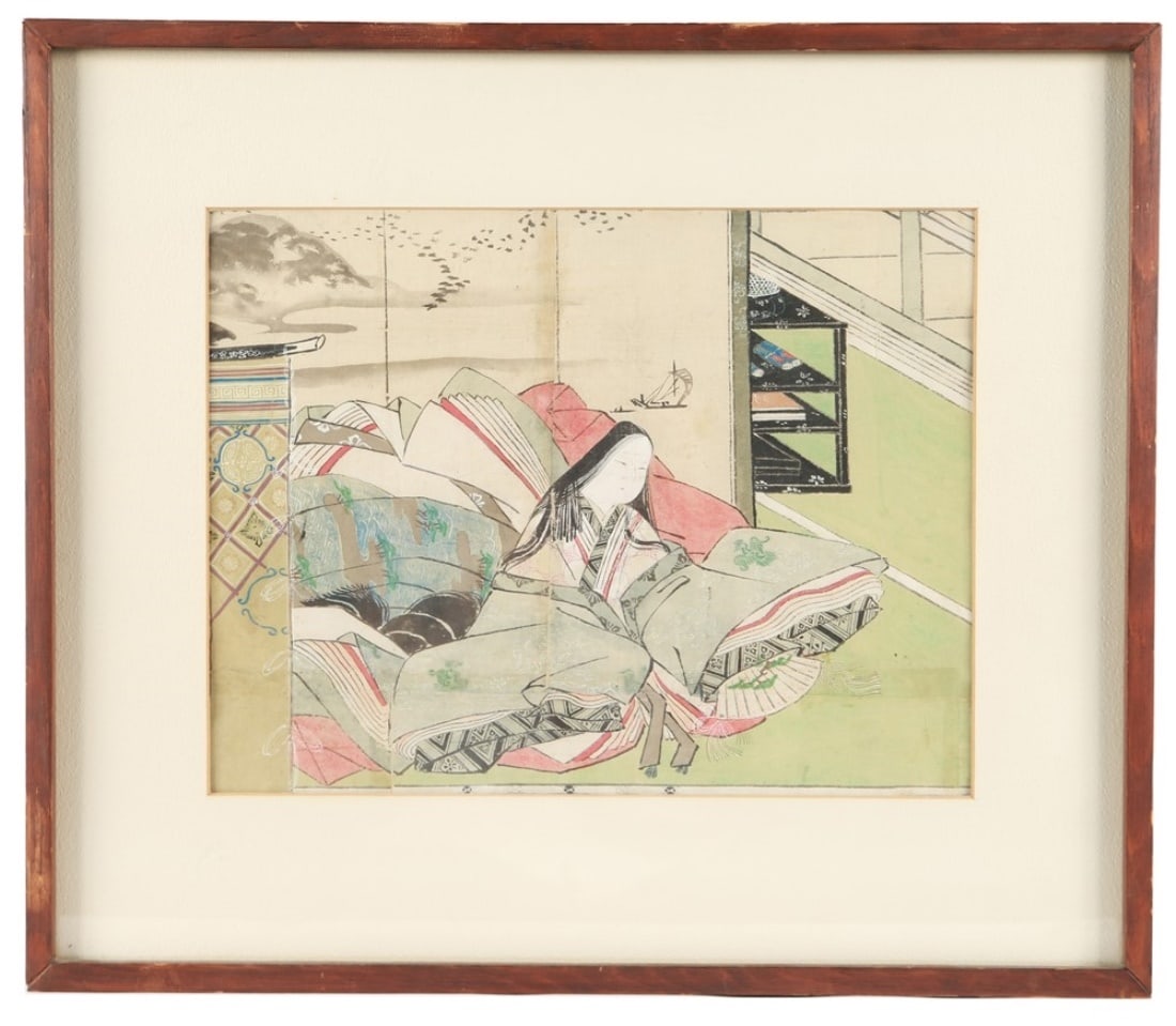 Japanese Woodblock Print Depicting Ono no Komachi: Woodblock. Frame: 18 1/4" x 21 1/8". Sight: 11" x 14 1/4". Japanese woodblock appearing to depict Ono no Komachi, one of the "Thirty-Six Poetry Immortals". Appears unsigned.