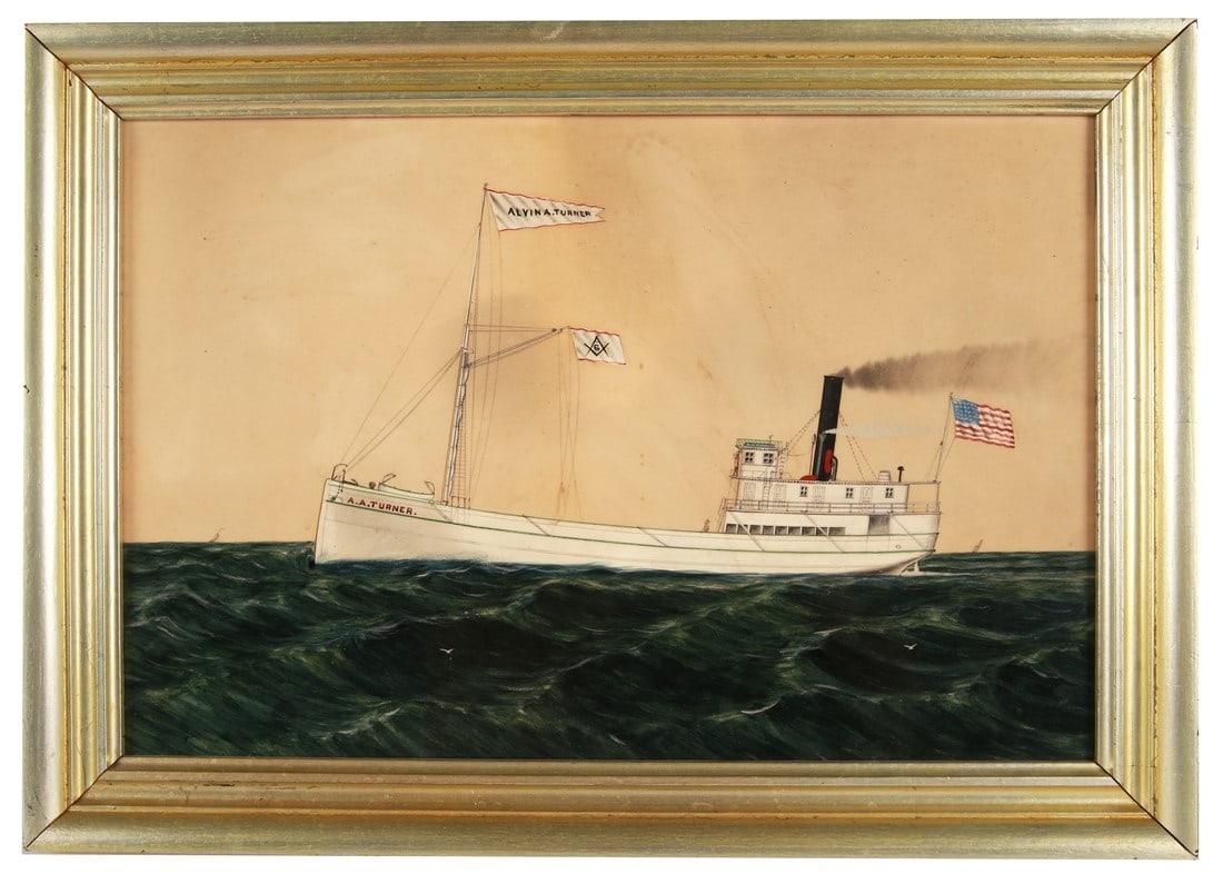 Reverse Painted Glass Ship Painting: "Alvin A. Turner". Reverse painted glass. Frame: 14" x 19 1/2". Sight: 11 1/4" x 16 1/2". Framed reverse painted glass depiction of the Alvin A. Turner, a 19th century Great Lakes ship.