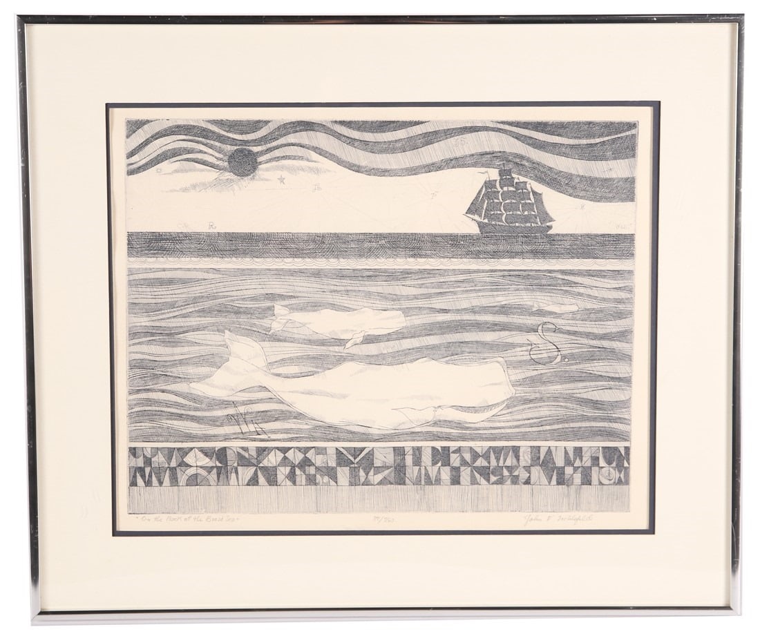 John Lochtefeld, "On the Back of the Broad Sea": John F. Lochtefeld (American, 1933-2025). "On the Back of the Broad Sea". Etching. Edition: 87/260. Frame: 21" x 25". Sight: 15" x 18 1/2". Framed etching by American artist John Lochtefeld titled