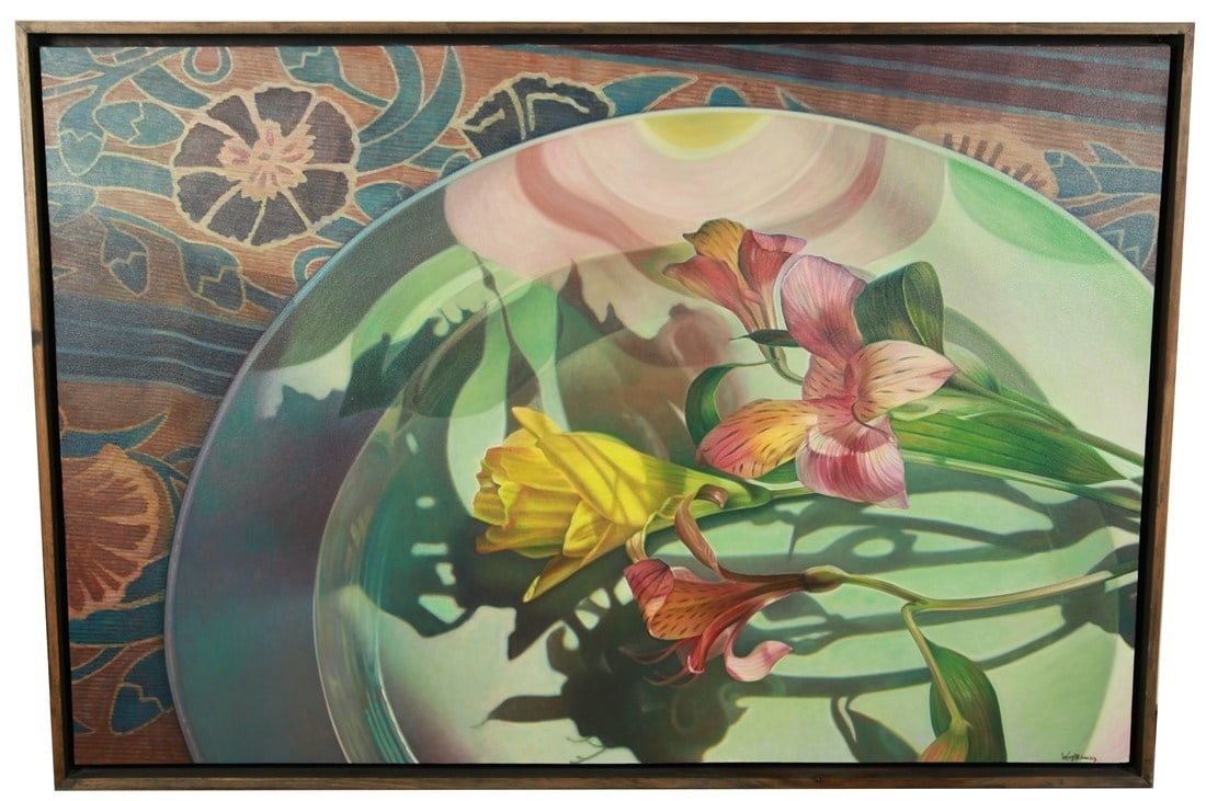 Dennis Wojtkiewicz, "Elegant Variation" Oil: Dennis Wojtkiewicz (American, b. 1956). "Elegant Variation". Oil on canvas, 1993. Frame: 51 1/4" x 75 1/2". Canvas: 48 1/4" x 72 1/2". Oil on canvas depicting flowers on a platter. Signed lower right.