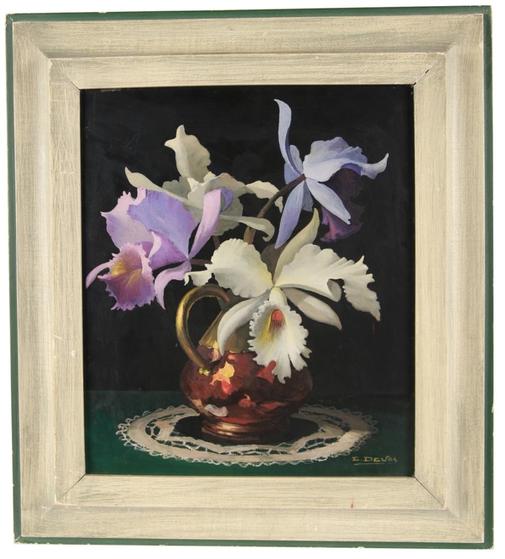 Emiel Devos, Oil on Board Floral Still Life: Emiel Devos (Belgian, 1886-1964). Oil on board. Frame: 19 1/4" x 17 3/8". Sight: 13 3/4" x 11 5/8". Framed still life of white and purple orchids in a vase. Signed "E. Devos" at lower right. Framed in