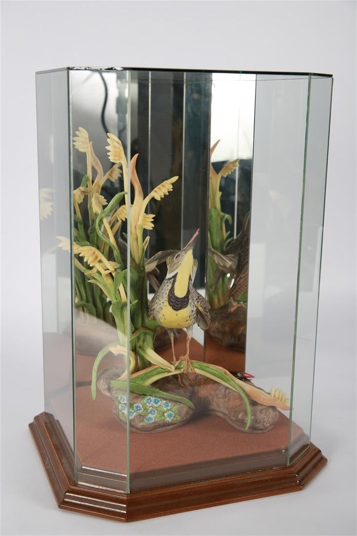 Boehm, "Western Meadowlark" Porcelain Figure: Boehm Porcelain Company (American). "Western Meadowlark". Porcelain. Case: Height: 17 1/4", Length: 12", Depth: 11 1/4". Bird: Height: 13", Length: 9", Depth: 5". Porcelain Boehm Western Meadowlark