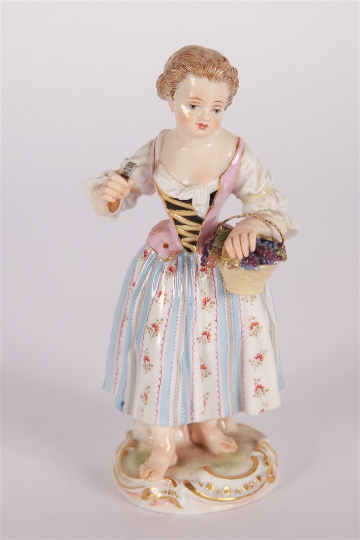 Meissen, "Girl with Knife and Basket": Meissen (German, established 1710). "Girl with Knife and Basket". Porcelain. Designed by Johann Joachim Kaendler. Height: 5 1/2", Length: 2", Depth: 2". Meissen figurine designed by Johann Joachim