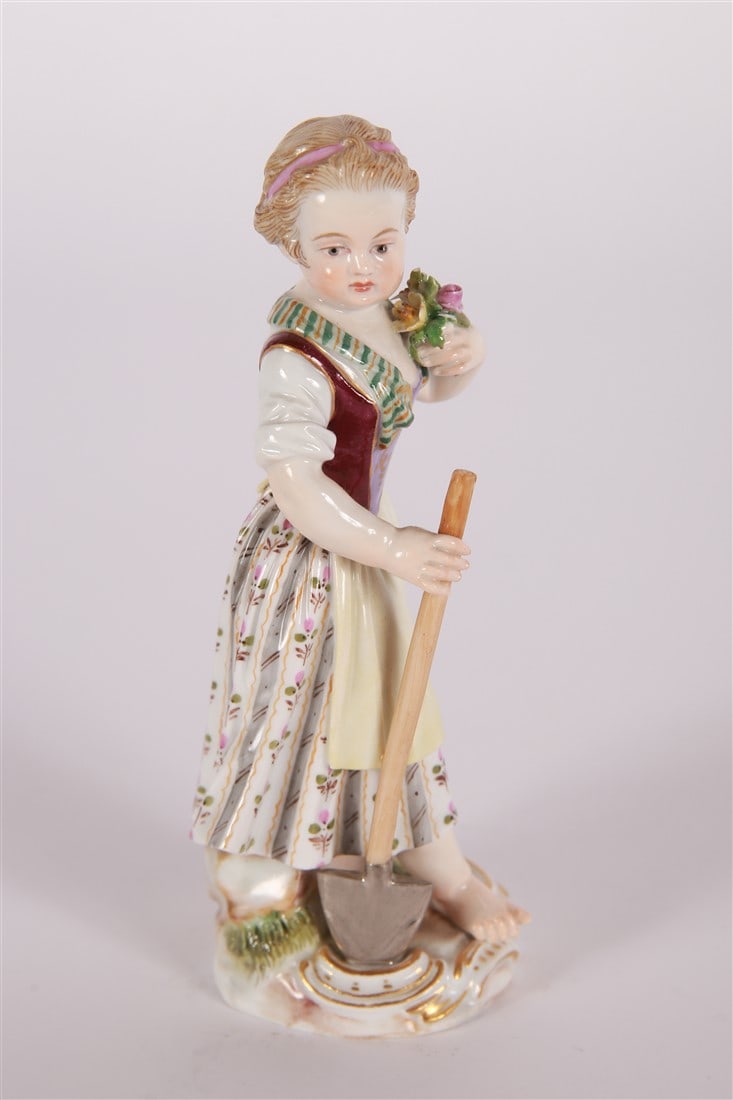 Meissen, "Girl with Shovel" Porcelain Figurine: Meissen (German, established 1710). "Girl with Shovel" from the "Garden Children" series. Porcelain. Designed by Johann Joachim Kandler. Height: 5 1/2", Length: 2", Depth: 2". A Meissen figurine