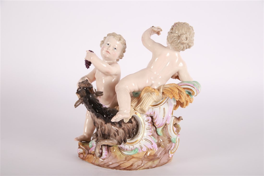 Meissen, "Summer and Autumn" Porcelain Figurine: Meissen (German, established 1710). "Summer and Autumn". Porcelain. Modeled by Johann Joachim Kaendler. Model 1230. Height: 8 1/2", Length: 6", Depth: 5". Meissen sculpture modeled by Johann Joachim