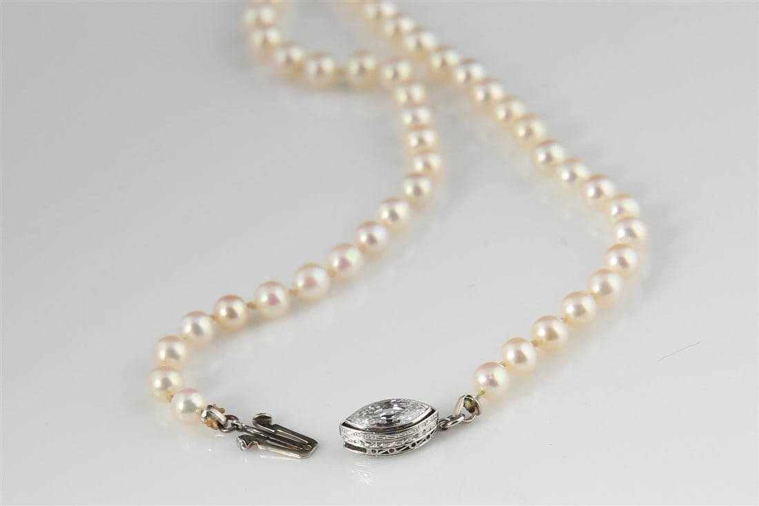 Natural Graduated Pearl Necklace, Diamond Clasp - 10