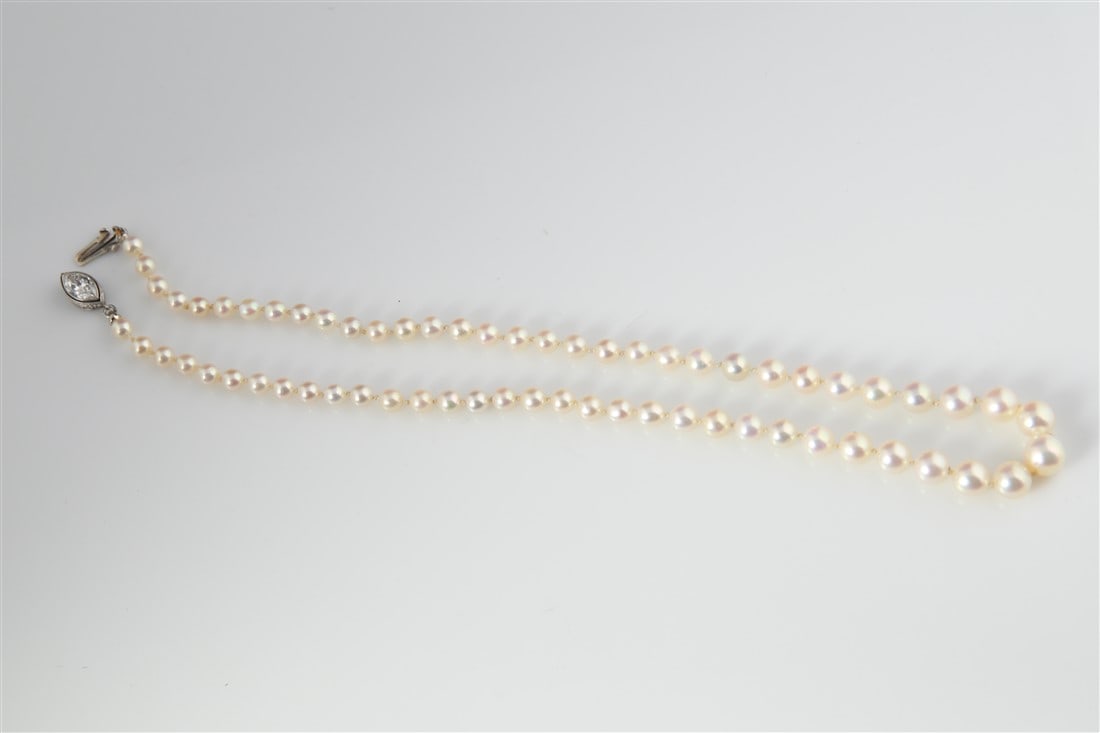 Natural Graduated Pearl Necklace, Diamond Clasp - 11