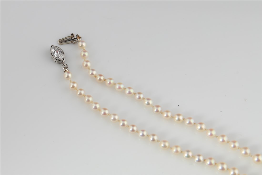 Natural Graduated Pearl Necklace, Diamond Clasp - 12