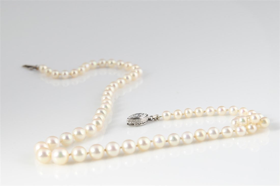 Natural Graduated Pearl Necklace, Diamond Clasp - 2