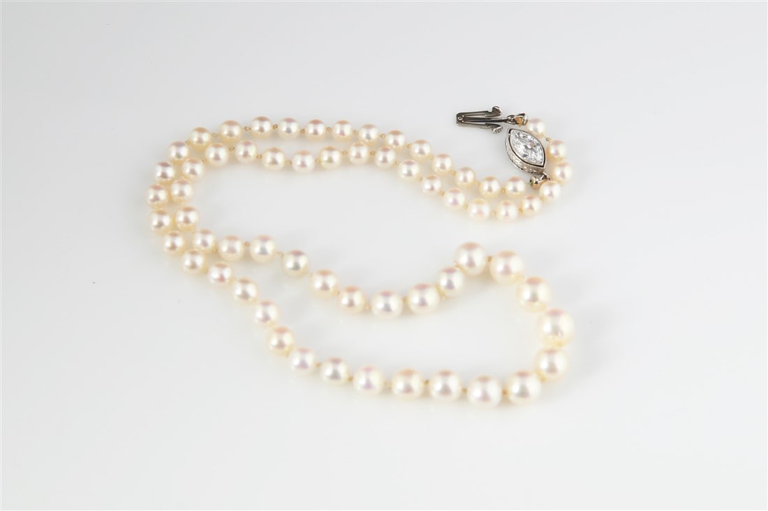 Natural Graduated Pearl Necklace, Diamond Clasp - 7
