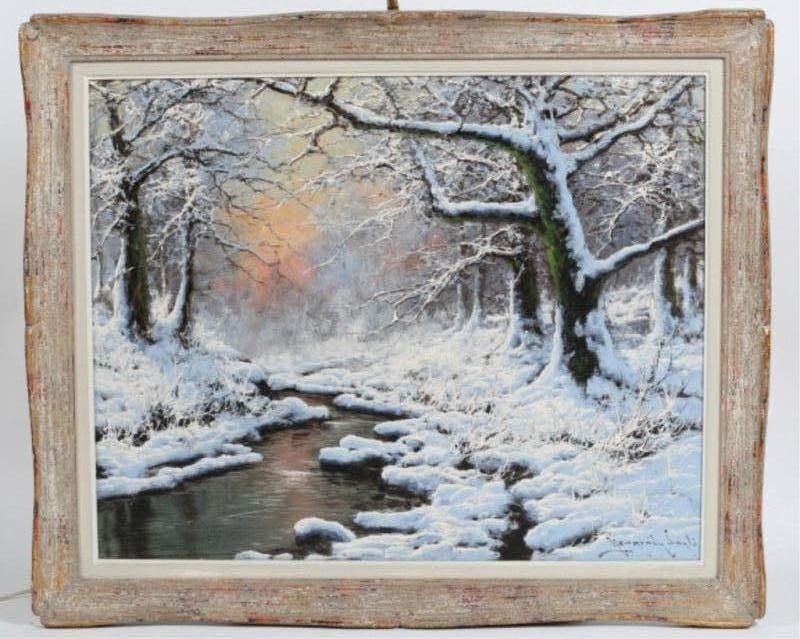 Laszlo Neogrady (1896-1962), Winter Landscape: Laszlo Neogrady (Hungarian, 1896-1962). Winter landscape. Oil on canvas. Signed lower right. Canvas 24" x 30". Condition: Appears fine.