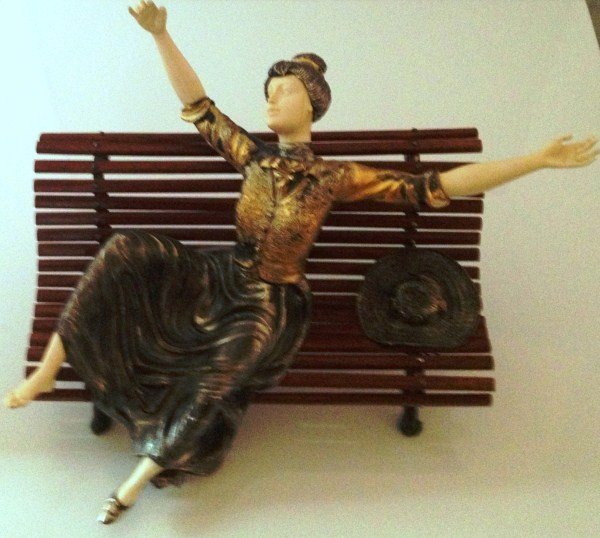 Manuel Carrera (20th C.), Woman On Park Bench: Manuel Carrera (Spanish, 20th century). Woman seated on a park bench. Silver, ivory and wood. Signed and numbered "1971". Height 6 1/2", width 8 1/2", depth 9". Condition: Appears fine.