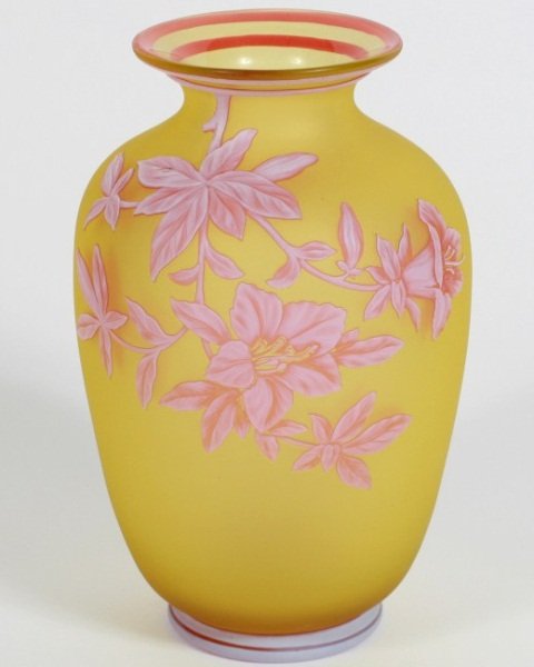 Thomas Webb Cameo Glass Vase, English, Late 19th C: Thomas Webb cameo glass vase. English, late 19th century. Baluster form decorated with pink floral blossoms against yellow ground. Signed under foot. Height 7 1/4". Condition: Appears fine.