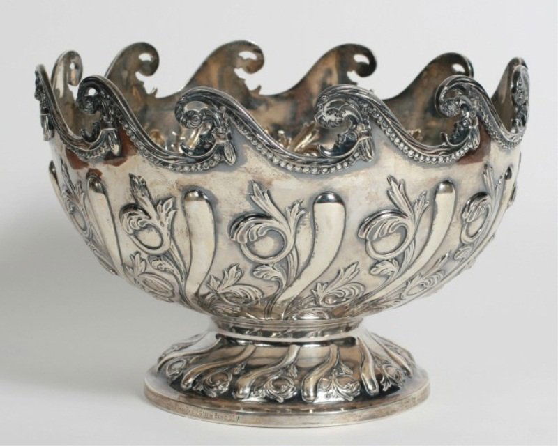 Victorian Silver Monteith, London, 53 Ozt.: Victorian silver monteith. London, 1884. Probably made by James Barclay Hennell. With scrolled border, each above a crescent moon, the body repousse decorated with scrolling foliage divided by curved