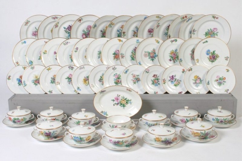 Bing & Grondahl Porcelain Dinner Service, 20th C.: Bing and Grondahl porcelain dinner service. Danish, 20th century. With hand painted floral decoration. Including 12 dinner plates, 12 luncheon plates, 12 bread and butter plates, 12 covered soup bowls