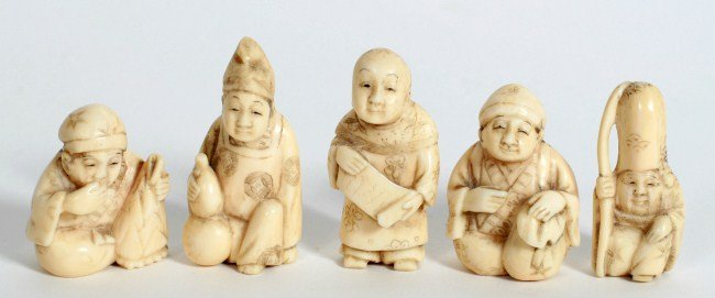 Five Faux Ivory Netsukes, Japanese, 20th C.: Five faux ivory figural netsukes. Japanese, 20th century. Condition: Appear fine.