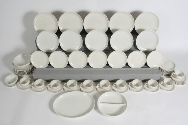 Russel Wright Pottery Dinner Service: Russel Wright pottery dinner service. American, 20th century. Made by Iroquios. Including 12 dinner plates, 5 luncheon plates, four salad plates, 11 dessert plates, 1 smaller plate, 11 tea cups, 15 sa